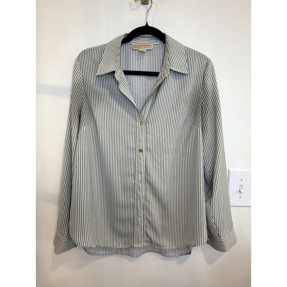 Michael Kors Striped Button Front Blouse Blue White Top Size Medium